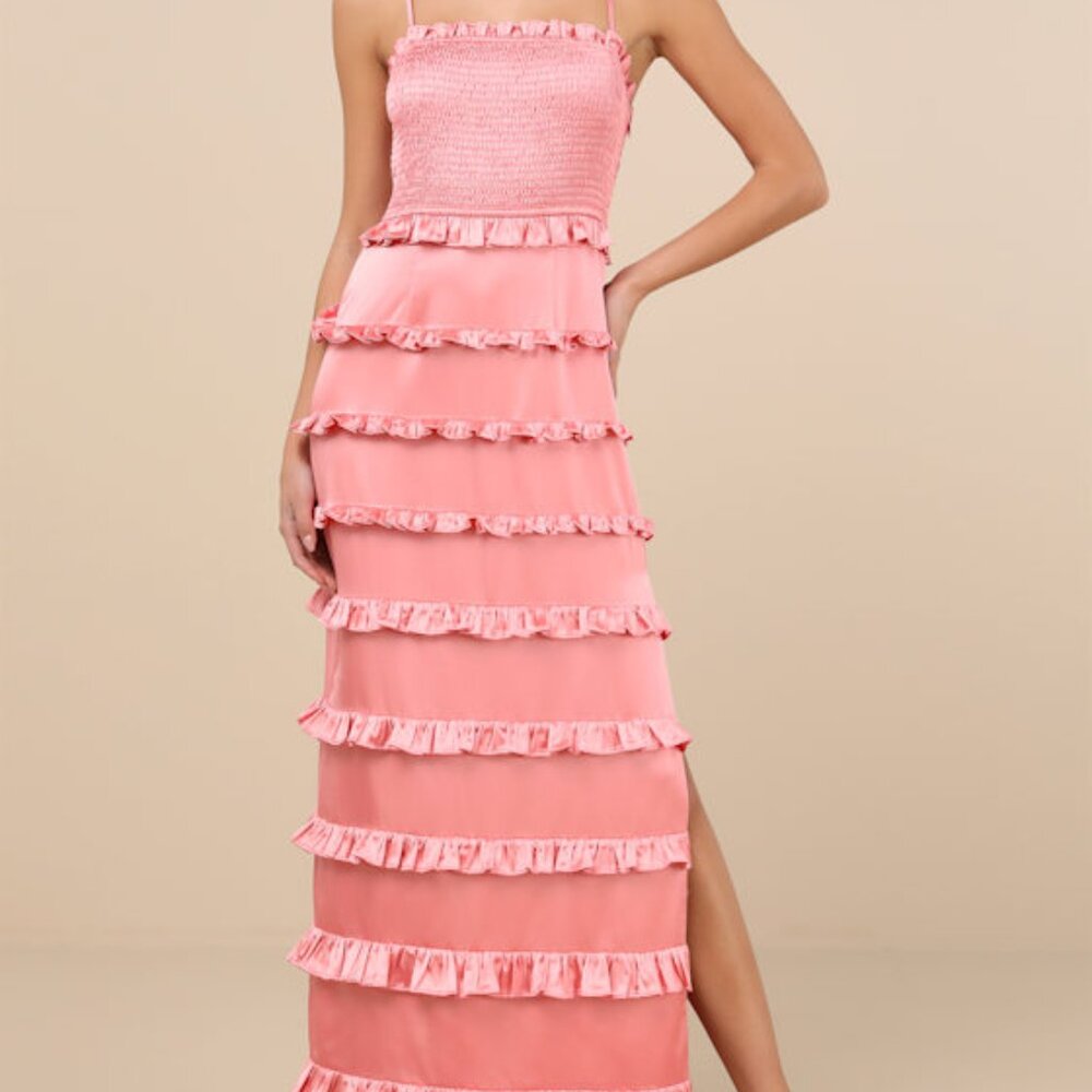Lulus Sincerely Fabulous Peach Pink Satin Smocked Ruffled Maxi Dress - Size L